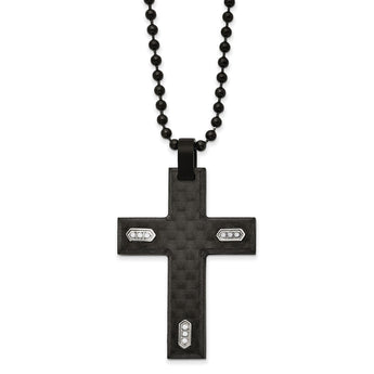 Stainless Steel Brushed Black IP & Carbon Fiber with CZ 24in Cross Necklace