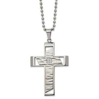 Stainless Steel Brushed Polished & Textured with CZ Cross 22in Necklace