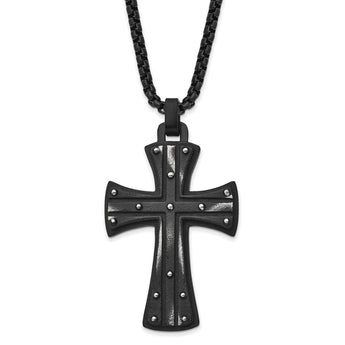 Stainless Steel Antiqued and Brushed Black IP-plated Cross 24in Necklace