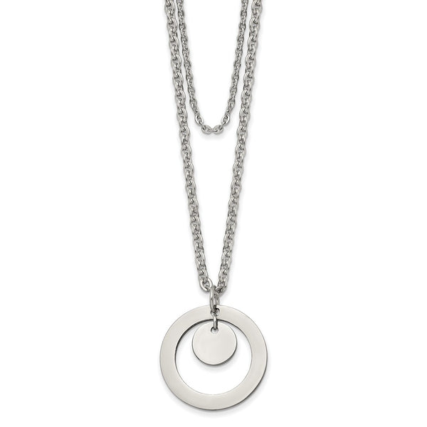 Stainless Steel Polished 2 Strand Circle and Disc w/2in ext 16.5in Necklace
