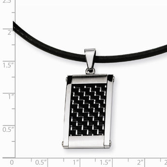 Stainless Steel Silver/Black Carbon Fiber Inlay 18in Leather Cord Necklace