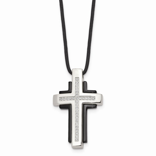 Stainless Steel IP Black-plated & CZ Cross Pendant Necklace