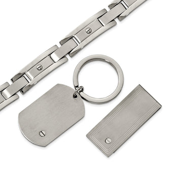 Stainless Steel Brushed and Polished Bracelet, Money Clip and Key Ring Set