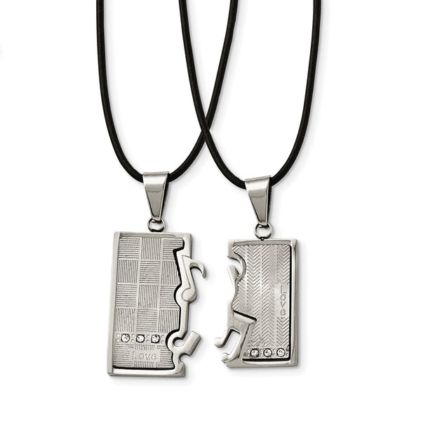Stainless Steel Polished/Brushed CZ Love Music Halves Necklace Set