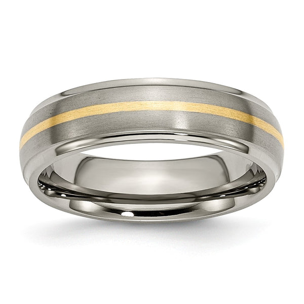 Titanium Ridged Edge 14k Yellow Inlay 6mm Brushed/Polished Band