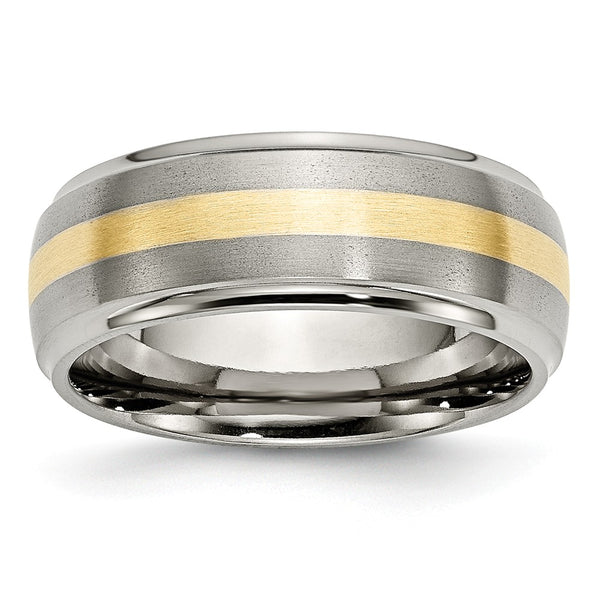 Titanium Ridged Edge 14k Yellow Inlay 8mm Brushed/Polished Band
