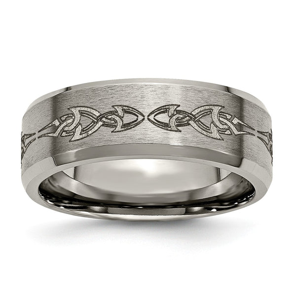 Titanium Beveled Edge 8mm Laser Design Brushed & Polished Band