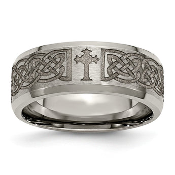Titanium Beveled Edge 8mm Laser Design Brushed & Polished Band