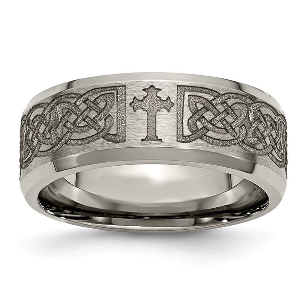 Titanium Beveled Edge 8mm Laser Design Brushed & Polished Band