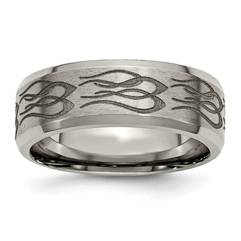 Titanium Beveled Edge 8mm Laser Design Brushed & Polished Band