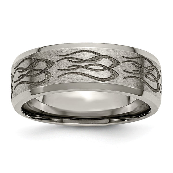 Titanium Beveled Edge 8mm Laser Design Brushed & Polished Band