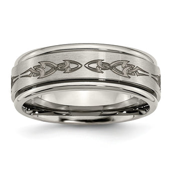 Titanium Ridged Edge 8mm Laser Design Brushed & Polished Band