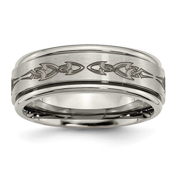 Titanium Ridged Edge 8mm Laser Design Brushed & Polished Band