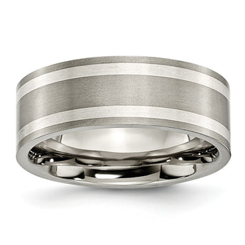 Titanium Sterling Silver Inlay Flat 8mm Brushed and Polished Band
