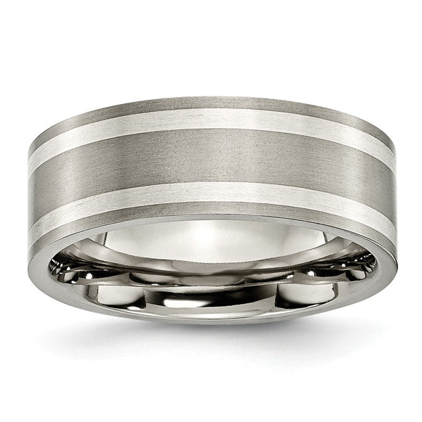 Titanium Sterling Silver Inlay Flat 8mm Brushed and Polished Band