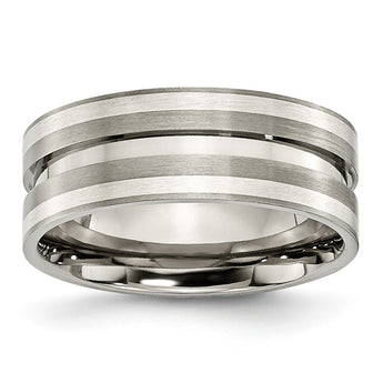 Titanium Grooved Sterling Silver Inlay 8mm Brushed Band