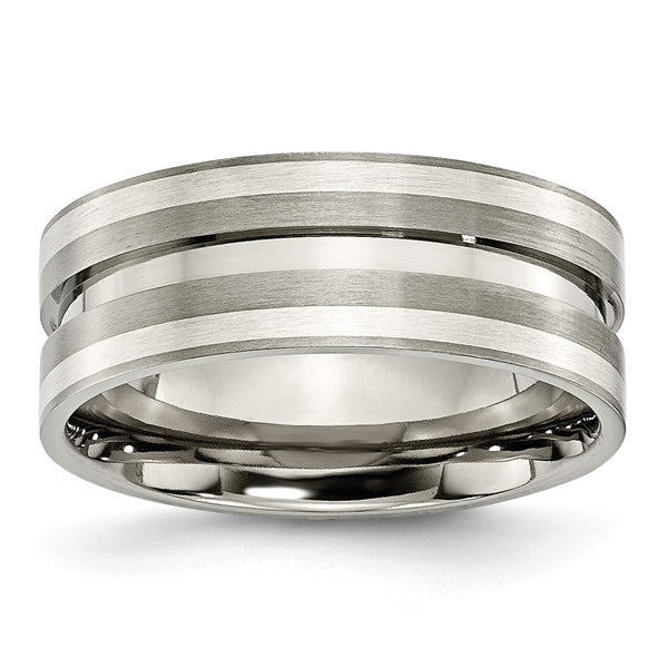 Titanium Grooved Sterling Silver Inlay 8mm Brushed Band