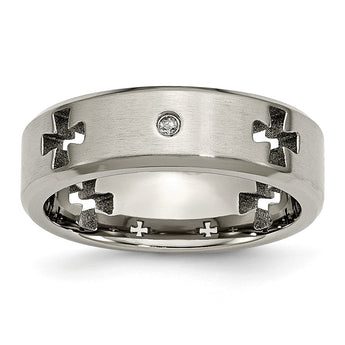 Titanium Celtic Cross Cut Out w/Diamond 7mm Brushed/Polished Band