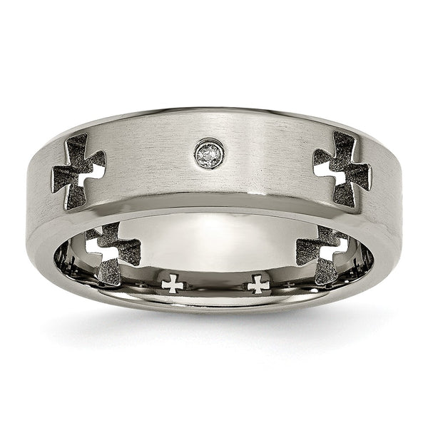 Titanium Celtic Cross Cut Out w/Diamond 7mm Brushed/Polished Band