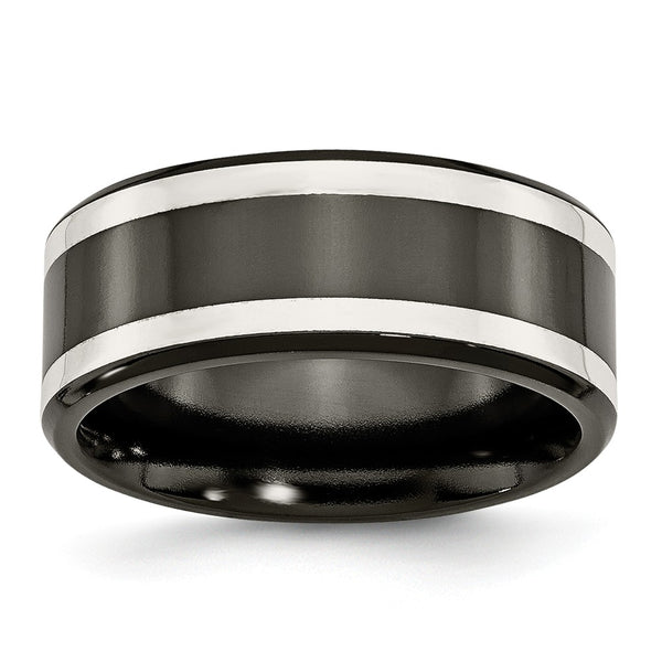 Titanium Black Ti with Sterling Silver Inlay 9mm Polished Flat Band