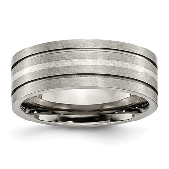 Titanium Grooved Sterling Silver Inlay 8mm Brushed Band