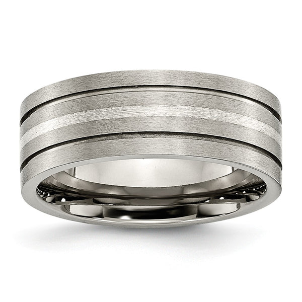 Titanium Grooved Sterling Silver Inlay 8mm Brushed Band