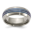 Titanium with Blue Triple Groove Beveled Edges 8mm Polished Band