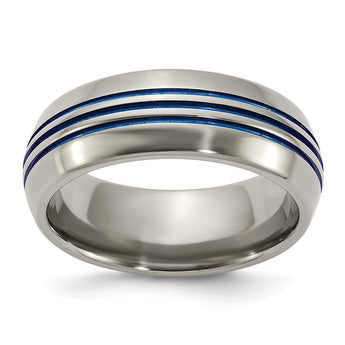 Titanium with Blue Triple Groove Beveled Edges 8mm Polished Band