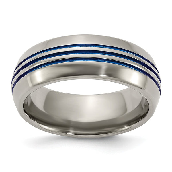 Titanium with Blue Triple Groove Beveled Edges 8mm Polished Band