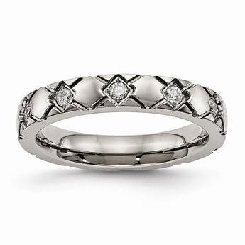 Titanium Polished Criss Cross Grooved CZ Ring