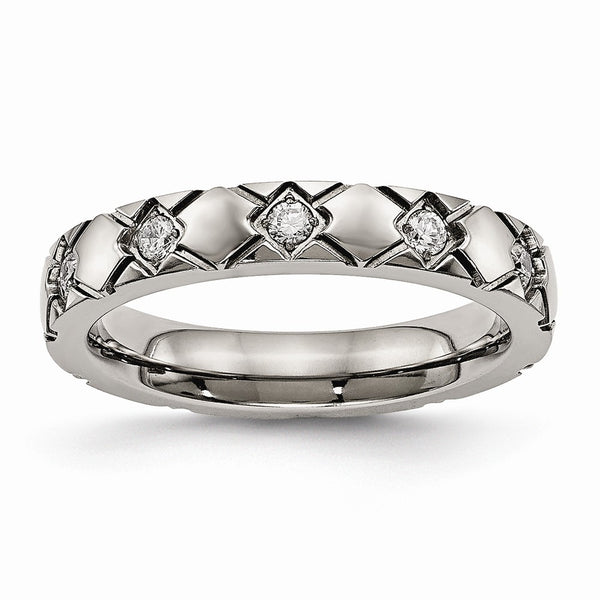 Titanium Polished Criss Cross Grooved CZ Ring