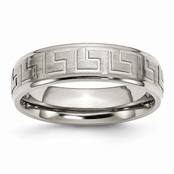 Titanium Ridged Edge Greek Key Design 6mm Satin/Polished Band
