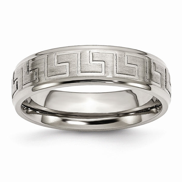 Titanium Ridged Edge Greek Key Design 6mm Satin/Polished Band