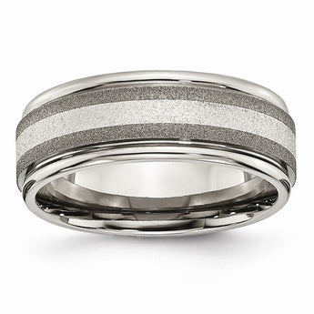 Titanium Polished /Stone Finish Center Grooved Edge Sterling Inlay Band