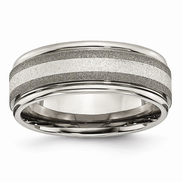 Titanium Polished /Stone Finish Center Grooved Edge Sterling Inlay Band