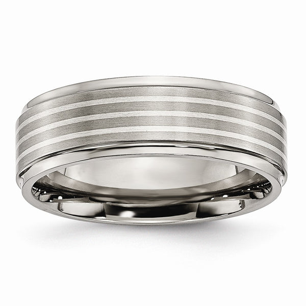 Titanium Ridged Edge Sterling Silver Inlay 7mm Brushed/Polished Band