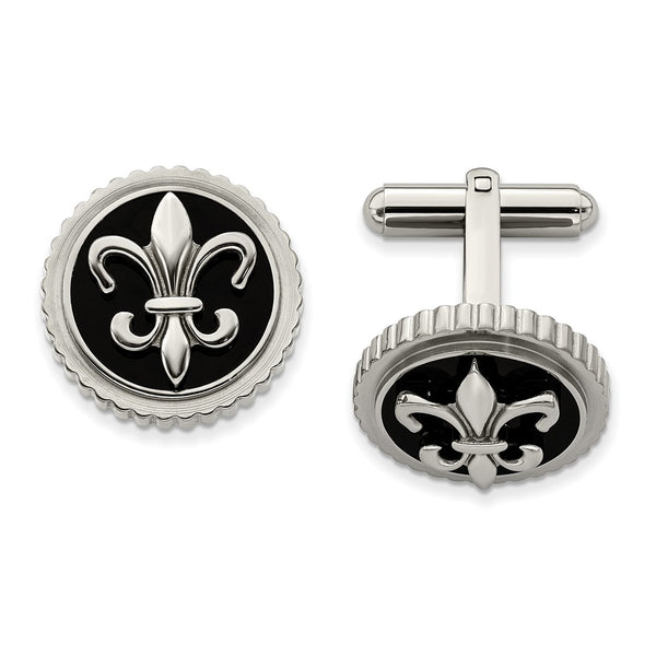 Titanium with Black Enamel Fleur de lis Cuff Links