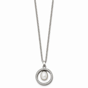 Titanium Polished w/ CZ and Freshwater Cultured Pearl Necklace