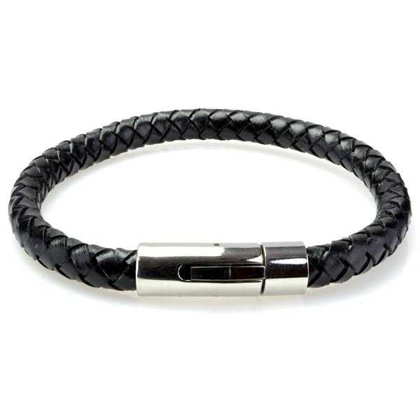 Braided Black Leather Mens Bracelet 6 MM 8.50 Inches with Stainless Steel Magnetic Clasp - Birthstone Company