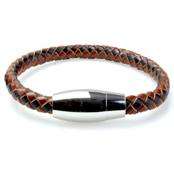 Braided Black/Brown Leather Mens Bracelet 6 MM 8.50 Inches with Stainless Steel Magnetic Clasp - Birthstone Company
