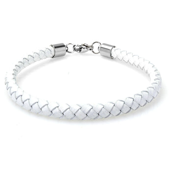 Braided White Leather Mens Bracelet 6 MM 8.50 Inches with Stainless Steel Magnetic Clasp - Birthstone Company