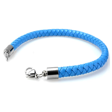 Braided Light Blue Leather Mens Bracelet 6 MM 8.50 Inches with Stainless Steel Magnetic Clasp - Birthstone Company