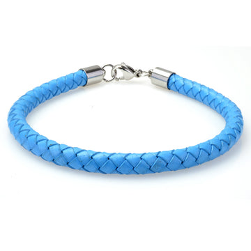 Braided Light Blue Leather Mens Bracelet 6 MM 8.50 Inches with Stainless Steel Magnetic Clasp - Birthstone Company