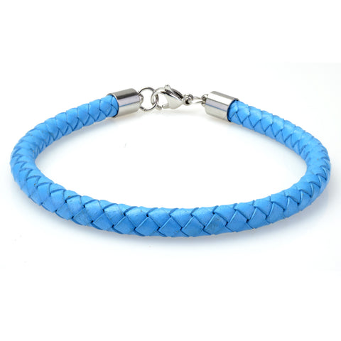 Braided Light Blue Leather Mens Bracelet 6 MM 8.50 Inches with Stainless Steel Magnetic Clasp - Birthstone Company