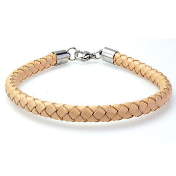 Braided Beige Leather Mens Bracelet 6 MM 8.50 Inches with Stainless Steel Magnetic Clasp - Birthstone Company
