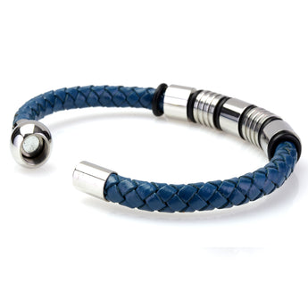 Braided Dark Blue Leather Mens Bracelet 6 MM 8.50 Inches with Stainless Steel Magnetic Clasp - Birthstone Company