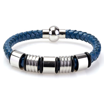 Braided Dark Blue Leather Mens Bracelet 6 MM 8.50 Inches with Stainless Steel Magnetic Clasp - Birthstone Company