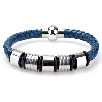 Braided Dark Blue Leather Mens Bracelet 6 MM 8.50 Inches with Stainless Steel Magnetic Clasp - Birthstone Company