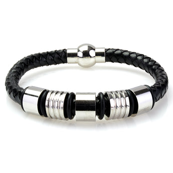 Braided Black Leather Mens Bracelet 6 MM 8.50 Inches with Stainless Steel Magnetic Clasp - Birthstone Company