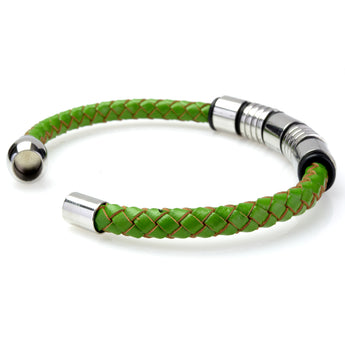 Braided Green Leather Mens Bracelet 6 MM 8.50 Inches with Stainless Steel Magnetic Clasp - Birthstone Company